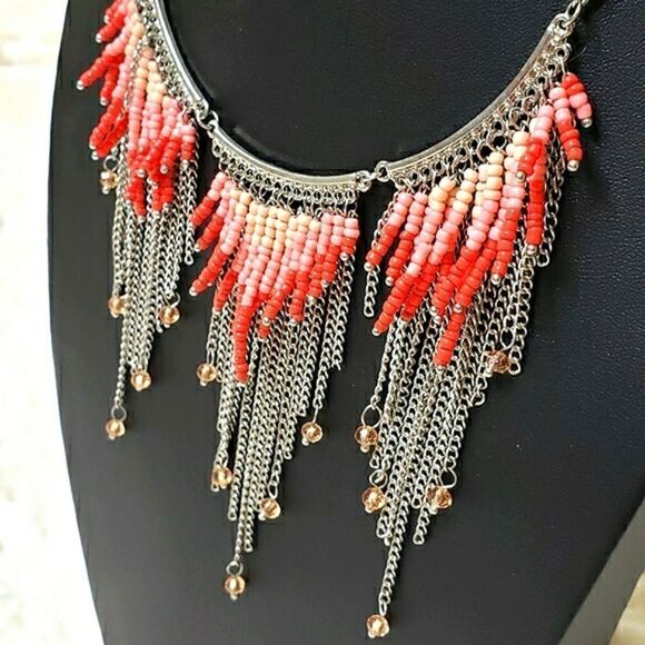 Jules B. Vintage Fringe Orange Beaded Necklace -  Statement Piece - Picture 5 of 6